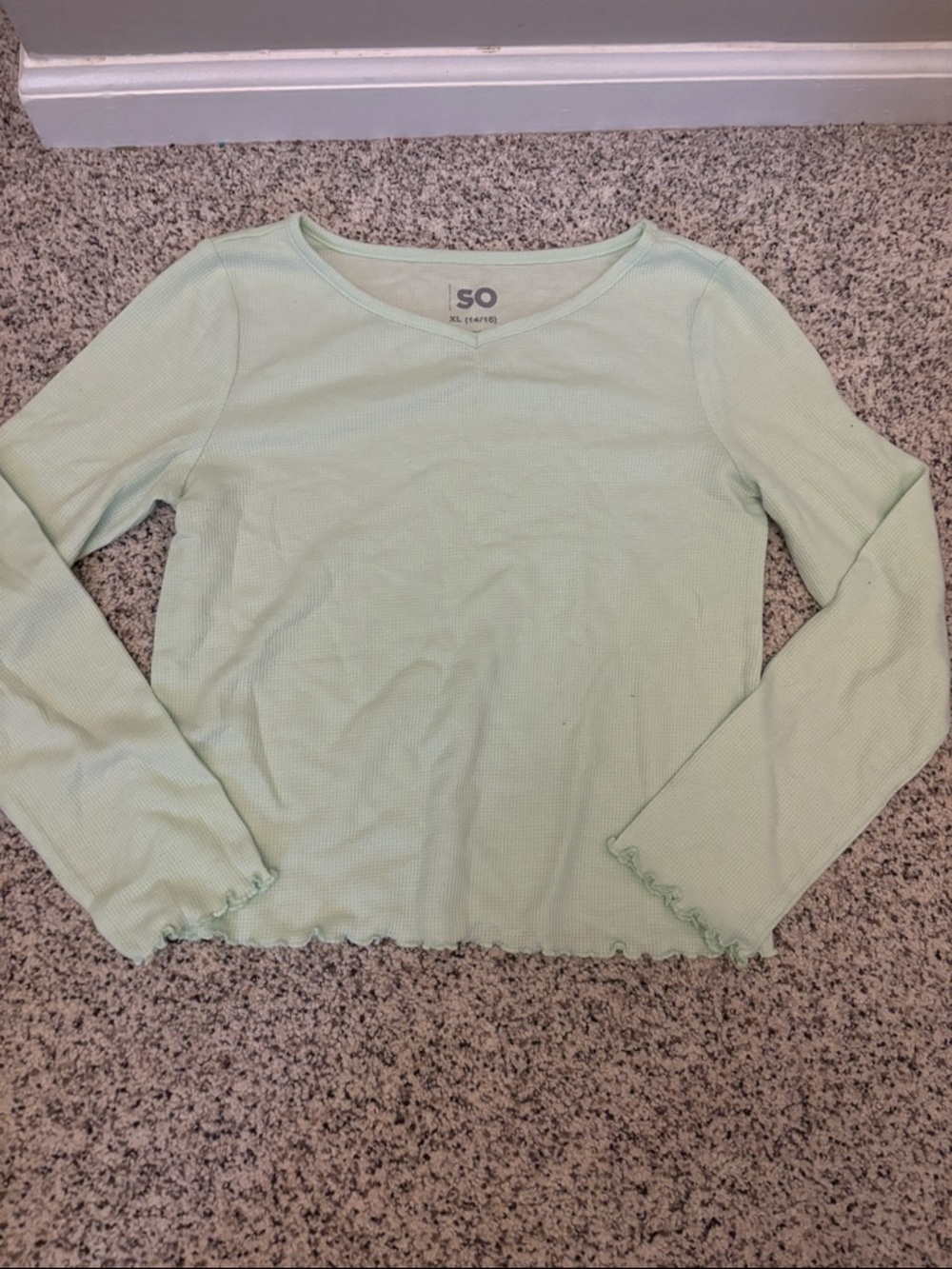 SO Girls 14/16 Mint Green Waffle Knit Ruffle Trim Long Sleeve Top